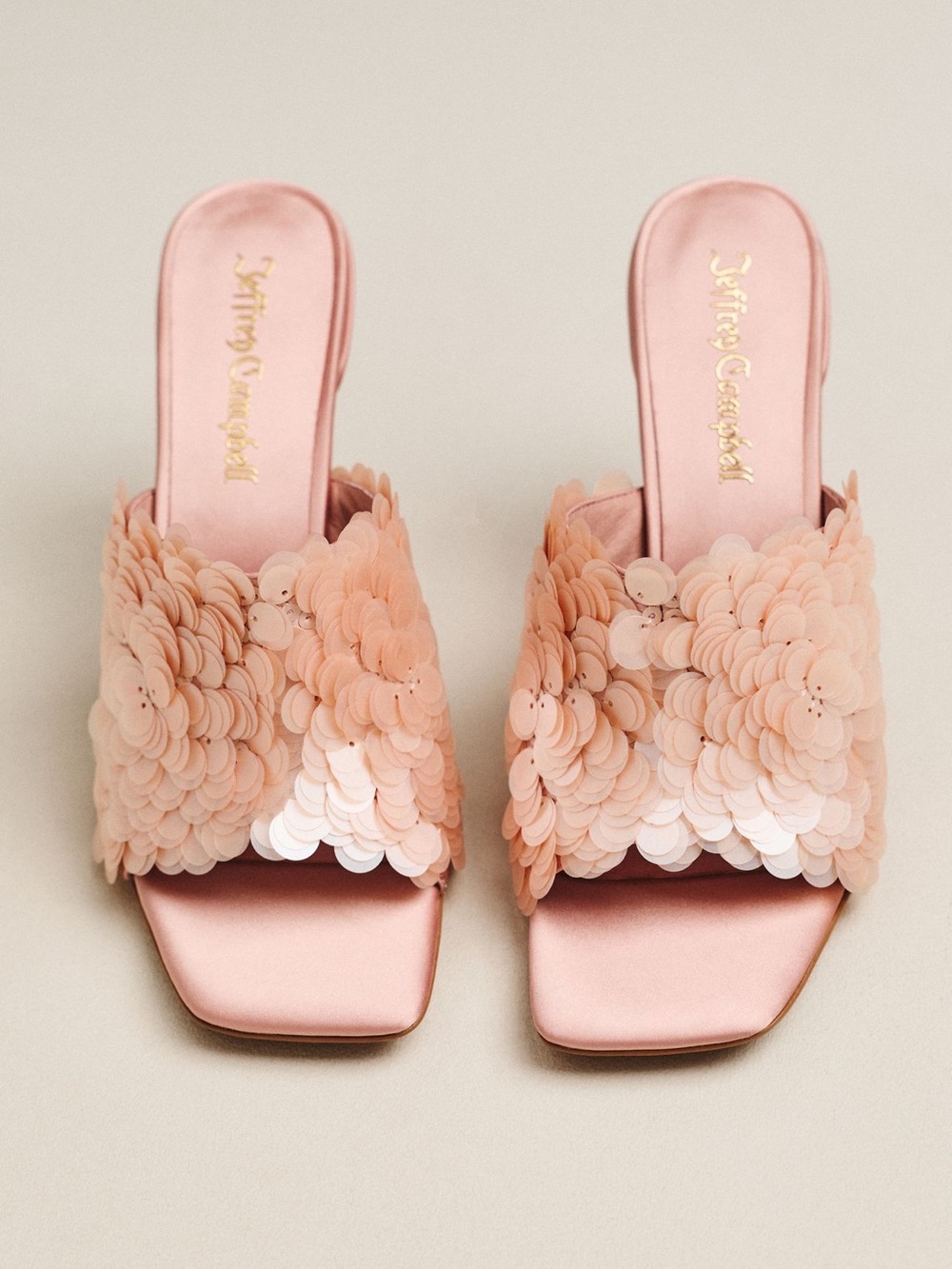 NWOB Jeffrey Campbell Rose Gold Sequin Blush Satin Slide Heels Size 10 Sample - Picture 11 of 14